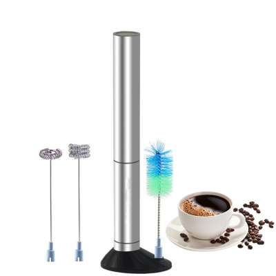 silver stainless steel Battery powered milk frother , frother with 2 whisks , custom logo frother with stand and brush